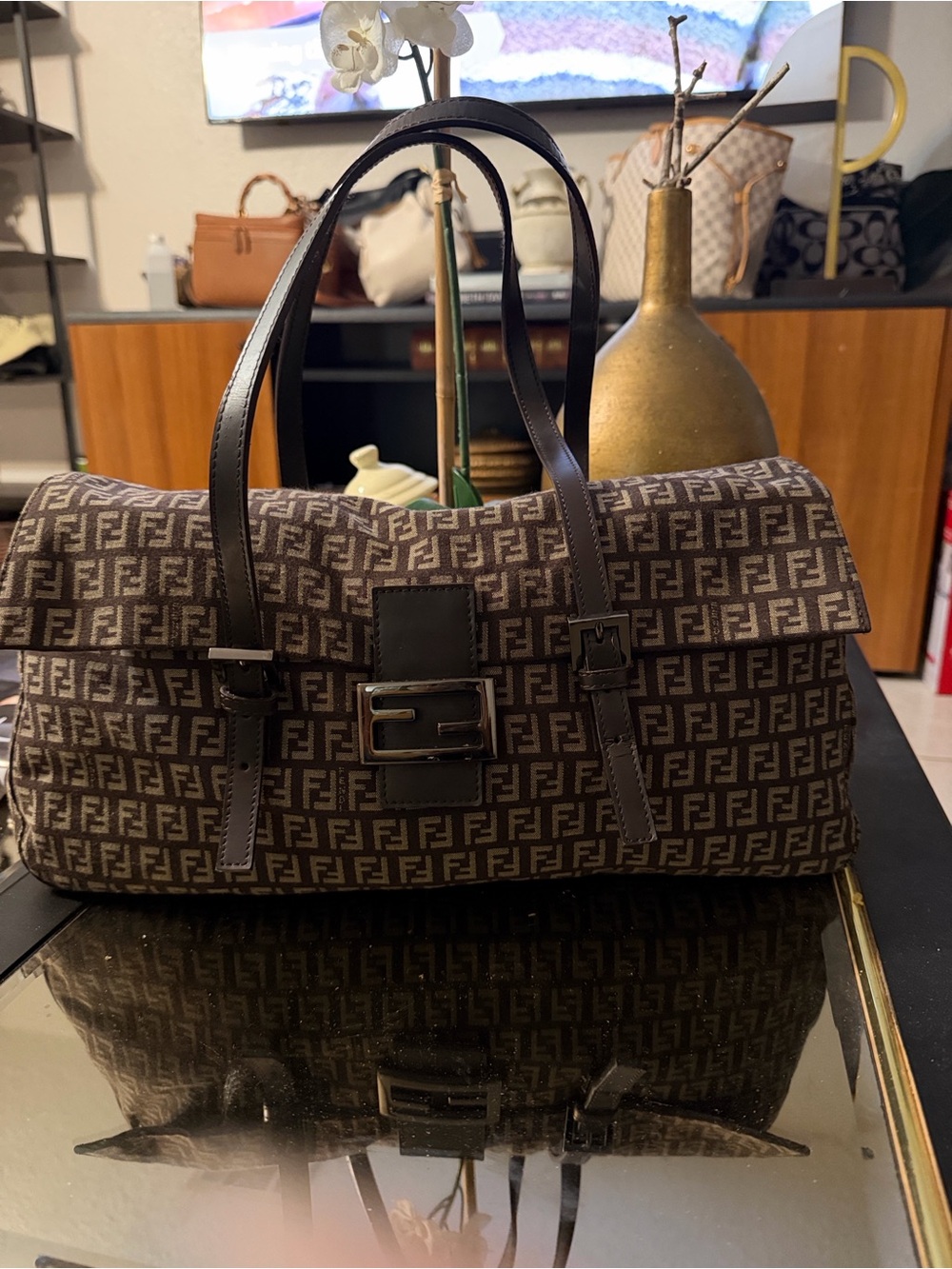 Fendi Brown Monogram FF Canvas Mama baguette Bag with Dark Brown Leather Trim